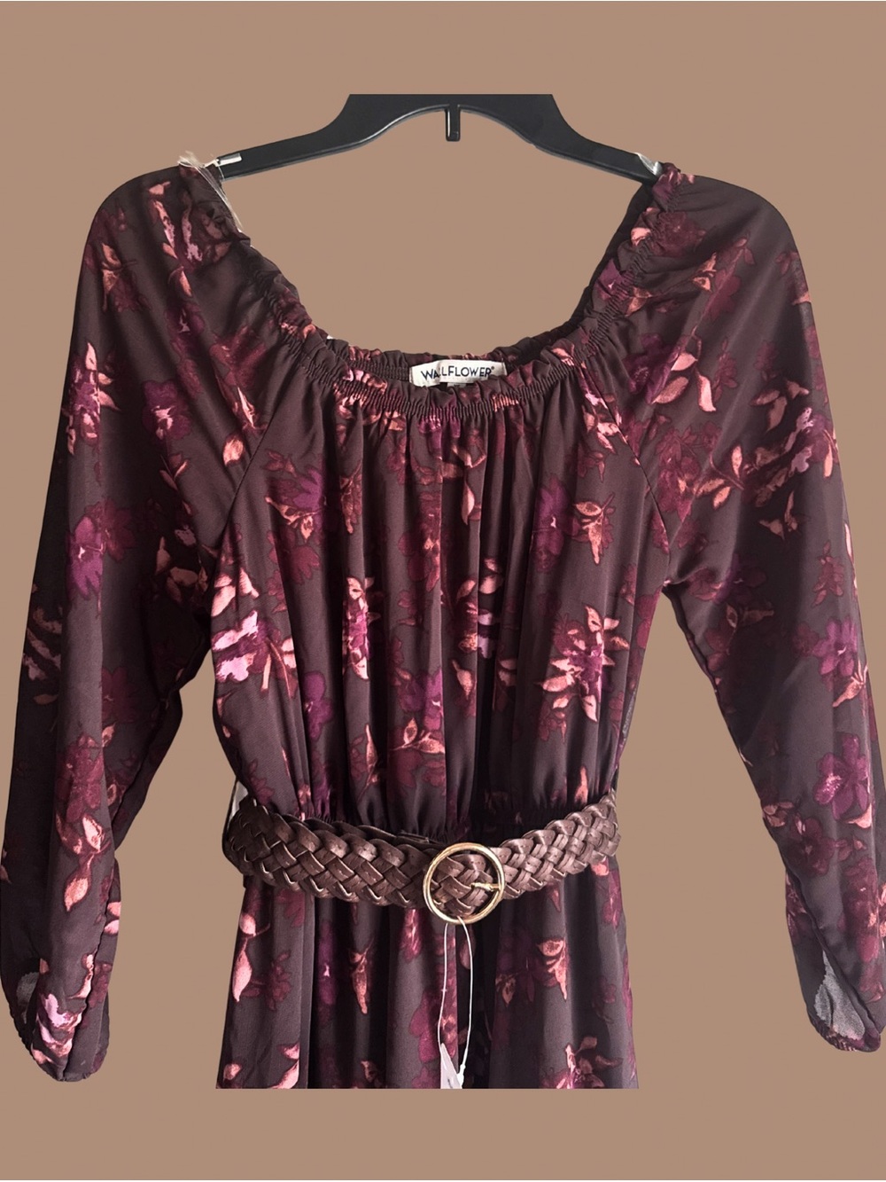Wallflower Burgundy Floral Long-Sleeve Peasant Dress